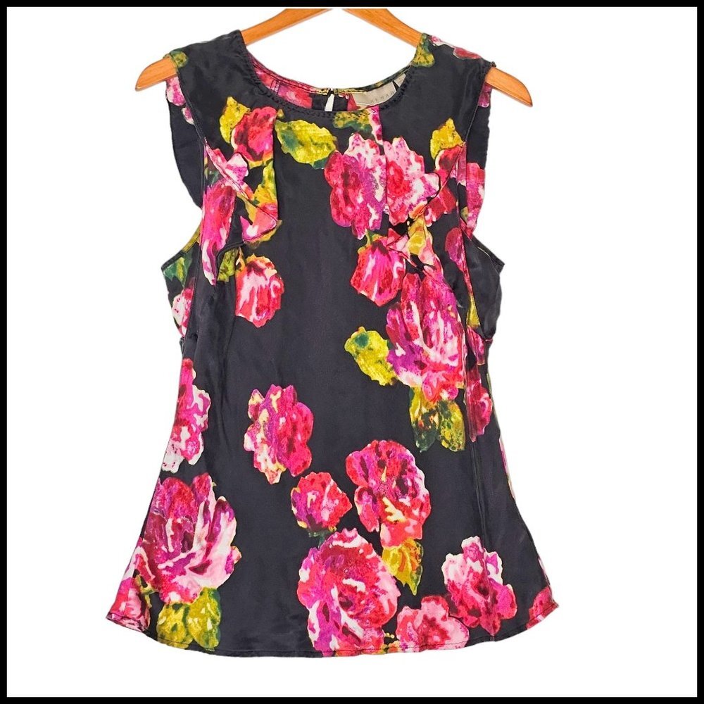 Kenar 100% Silk Black Red Florar Top Blouse L Large Ruffles